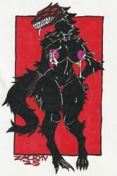 2025 alucard_(hellsing) anthro areola biped black_body black_fur bodily_fluids canid canine digitigrade drooling female fur genitals hellsing hi_res lactating mammal milk monster multi_eye neck_tuft nipples nude pussy red_eyes saliva signature simple_background small_waist solo teeth the_hound_of_baskerville thick_thighs traditional_media_(artwork) tuft vulva wide_hips zaeryn