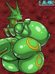 2019 3:4 5_fingers absurd_res anthro anthrofied ass big_breasts big_butt blush breasts closed_eyes curvy_figure darnella_(kaithunderstone75) female fingers generation_3_pokemon hi_res holding_object huge_breasts hyper hyper_breasts kaithunderstone75 legendary_pokemon nintendo nipples nude pattern_background pokemon pokemon_(species) pokemorph rayquaza rear_view red_background simple_background smile solo standing thick_thighs voluptuous watermark wide_hips
