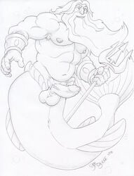 1boy anthro anus armpit_hair armpits balls beard braces disney dudebulge erection facial_hair greyscale holding_object holding_weapon humanoid_penis king king_triton long_foreskin looking_at_viewer male male_only marine melee_weapon merfolk merman monochrome musclegut muscular navel nipples pecs pencil_(artwork) penis polearm royalty solo swimming the_little_mermaid traditional_media_(artwork) trident uncircumcised uncircumcised_penis uncut vein veiny_penis weapon