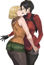 2girls absurdres ada_wong ashley_graham black_eyes black_gloves black_hair blonde_hair breasts chest_harness french_kiss gloves grey_eyes harness highres holster kissing large_breasts multiple_girls orange_sweater pantyhose red_sweater resident_evil resident_evil_4 scarf short_hair sketch skirt sleeveless sleeveless_sweater sweater taiyang_yu thighhighs tongue tongue_out turtleneck turtleneck_sweater wide_hips yuri
