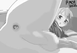 1boy 1girl :o anal anal_insertion anal_vore anus ass bed big_ass big_ass_(male) bottomless bottomless_male censored female femboy indoors medium_hair minigirl no_color open_mouth original otoko_no_ko paimoe penis solo_focus testicles