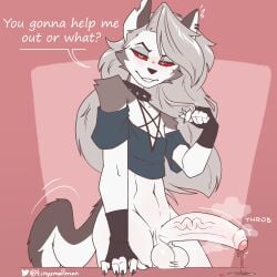absurd_res anthro balls bedroom_eyes big_penis bodily_fluids bottomless bottomless_anthro bottomless_male canid canid_demon canine clothed clothing crop_top demon dripping erection femboy femboy_only fingerless_gloves foreskin ftm_crossgender gay genderswap genderswap_(ftm) genital_fluids genitals gloves grey_hair hair handwear hellhound helluva_boss hi_res humanoid_genitalia humanoid_penis long_hair loona_(helluva_boss) male male_loona mammal mythological_canine mythological_creature mythology narrowed_eyes penis pentagram_top precum precum_drip red_eyes rule_63 seductive shirt slim slim_anthro slim_male solo throbbing throbbing_penis tinysmallman topwear uncircumcised