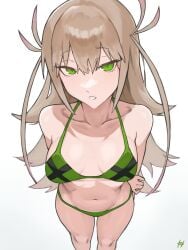 1girls bare_arms bare_belly bare_chest bare_hands bare_hips bare_knees bare_legs bare_midriff bare_navel bare_shoulders bare_skin bare_thighs belly belly_button bikini bikini_bottom bikini_only bikini_top breasts breasts_apart brown_eyebrows brown_hair brown_hair_female collarbone exposed_arms exposed_belly exposed_chest exposed_hips exposed_legs exposed_midriff exposed_navel exposed_shoulders exposed_skin exposed_thighs eyebrows_visible_through_hair female female_focus female_only fukuya_art green_bikini green_bikini_bottom green_bikini_top green_eyes green_eyes_female green_string_bikini green_swimsuit green_swimwear groin hair_between_eyes halterneck high_resolution highres hisui_kanon knees lean_figure long_hair looking_at_viewer looking_up looking_up_at_viewer midriff narrow_waist navel petite petite_body petite_breasts petite_female petite_girl petite_tits sentai_daishikkaku shoulders simple_background slender_body slender_waist slim_waist small_breasts solo standing string_bikini swimsuit swimwear thigh_gap thighs upper_body white_background