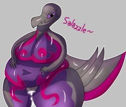 2025 anthro artwork_(digital) big_ass big_breasts big_tail black_skin breasts eyelashes female generation_7_pokemon nipples pokefilia pokemon pokemorph purple_body pussy salazzle smile tail thick_thighs