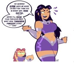 2girls blackfire female goodbyellow green green_eyes mocking orange_skin purple_clothing purple_eyes red_hair seductive_smile sisters starfire_(cosplay) starfire_(teen_titans) stolen_clothes text_bubble walking white_background