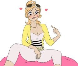 blush breasts cleavage eyewear_on_head female heart jewelry makeup medium_breasts necklace ponytail sitting smile solo sunglasses