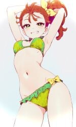 1girls 2020s 2025 armpits arms_behind_head ass_visible_through_thighs bare_shoulders bikini bow breasts brown_hair cleft_of_venus collarbone cowboy_shot eyelashes female frills gluteal_fold green_bikini green_eyes grey_background grin hairbow hi_res light-skinned_female light_skin looking_at_viewer medium_breasts natsuumi_manatsu navel parted_lips precure ribs simple_background smile smiling_at_viewer solo standing stomach swimsuit teenage_girl teenage_tits teenager teeth thighs tropical-rouge!_precure yellow_bow young young_female zap2000jp