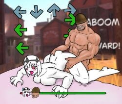 background backshots friday_night_funkin friday_night_funkin_mod giantess helmet muscular_female muscular_male nikusa_(sugarratio) pale-skinned_female sex size_difference soldier_(team_fortress_2) team_fortress_2 tf2 white_hair