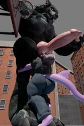 3:2 3d_(artwork) absurd_res agreenfish animal_genitalia animal_penis anthro ass ball balls basketball_(ball) big_balls big_breasts big_butt big_muscles big_pecs big_penis black_body black_fur blender_(artwork) blizzard_entertainment breasts canid canine_genitalia canine_penis cleavage clothed clothing detailed detailed_fur digital_media_(artwork) digitigrade duo female fish fur genitals hair hand_on_balls hi_res hug huge_cock knot larger-male low-angle_view macro male mammal marine muscular muscular_female muscular_male nude outside pecs penis rear_view shark size_difference smaller_female standing tail tight_clothing tight_topwear topwear warcraft werecanid werecreature worgen