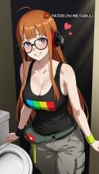 ahoge ai_generated bare_shoulders behind-the-head_headphones belt belt_pouch black-framed_eyewear black_tank_top blunt_bangs blush breasts cargo_pants cleavage collarbone doorway female glasses green_belt grey_pants grin headphones heart large_breasts long_hair looking_at_viewer meitabuu mole mole_on_breast orange_hair pants persona persona_5 pouch purple_eyes sakura_futaba shirt smile solo tank_top toilet toilet_stall very_long_hair wristband