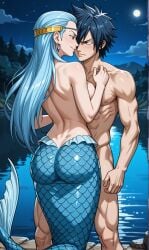 1boy ai_generated aquarius_(fairy_tail) blue_hair couple fairy_tail female gold_tiara gray_fullbuster human large_breasts mermaid naked_male night sensual smirk