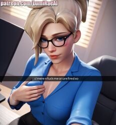 1girls ai_generated black_skirt blonde_hair blue_eyes blue_shirt blush caption clothed_female glasses grabbing_own_breast looking_at_viewer mercy office office_lady overwatch patreon_username self_upload selfie snapchat solo text