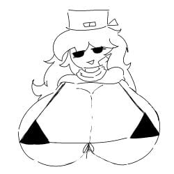 bandage big_breasts bikini_top black_eyes dizzy_eyes fnf fnf_oc friday_night_funkin gerfloverse_(wattpad) giant_breasts gigantic_breasts hat huge_breasts jacket knot line_art long_hair messy_hair monochrome nahiara_aguirre nahira nahira_(friday_night_funkin_oc) sketch