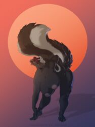 accessory anthro bent_over big_breasts black_body black_fur blushing_yokai breasts feet female flower flower_in_hair fur hair_accessory hand_on_foot hand_on_hip hi_res looking_at_viewer mammal mephitid nipples nude nude_anthro nude_female orange_background plant purple_background simple_background skunk solo stretching thick_thighs white_body white_fur