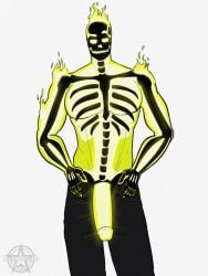 big_penis creature_commandos dc dc_comics dcu doctor_phosphorus flame glowing glowing_genitalia green_body green_fire green_skin male pants penis polarisinhostar raised_eyebrows skeleton skull_head