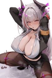absurdres admiral_zenker_(azur_lane) admiral_zenker_(fun_with...interrogations?)_(azur_lane) areola_slip armband arms_behind_head artist_name azur_lane black_horns black_jacket black_pantyhose black_shoes black_skirt bondage bondage bound breasts cleavage e.c.ho female female_ejaculation female_ejaculation_through_clothes female_orgasm high_heels highres holding horns huge_breasts jacket large_variant_set long_hair looking_at_viewer multicolored_hair office_lady official_alternate_costume orgasm pantyhose pencil_skirt pussy_juice red_eyes red_hair red_streaks restrained sex_toy shirt shoes simple_background skirt solo spread_legs squatting streaked_hair teeth torn_clothes torn_pantyhose two-tone_hair variant_set vibrator white_hair white_shirt yellow_armband