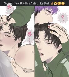 2boys black_hair blush blushing gay gay_sex holding holding_head implied_sex kissing lee_myung-gi meme_reference painted_nails pulling_hair purple_hair squid_game tattoo tattoos thanos_(squid_game)