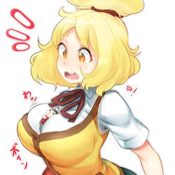 1boy 2busty2hide alternate_breast_size animal_crossing animal_crossing_boy between_breasts big_breasts blonde_hair blush breasts brown_hair button button_shirt clothed crossed_arms cute dress_shirt female full-face_blush giantess human humanized isabelle_(animal_crossing) japanese_text large_breasts looking_down macro macro_female micro micro_in_cleavage micro_male micro_on_macro miniboy naso4 nintendo open_mouth person_between_breasts personification ribbon scrunchie shirt short_hair simple_background size_difference smaller_male smile standing sweatdrop text topknot uniform vest villager_(animal_crossing) white_background yellow_eyes