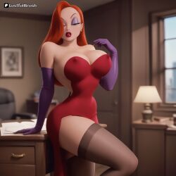 ai_generated gloves huge_breasts jessica_rabbit lustfulbrush office perfect_body red_hair slim_waist thick_thigh who_framed_roger_rabbit