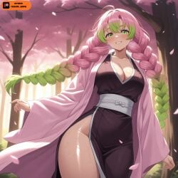 kanroji_mitsuri mitsuri_kanroji demon_slayer 1girl solo long_hair breasts looking_at_viewer blush smile large_breasts closed_mouth sitting green_eyes collarbone swimsuit pink_hair braid ass multicolored_hair thighs outdoors bikini one_eye_closed sky green_hair barefoot tongue day cloud tongue_out mole water two-tone_hair feet blue_sky twin_braids tree legs wet mole_under_eye toes shiny_skin gradient_hair underboob cameltoe ocean soles beach towel patreon_username blue_bikini legs_up palm_tree kneepits foot_focus partially_visible_vulva ;p multiple_moles mole_under_each_eye shadowsenpai ai_generated tagme patreon