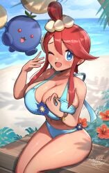 absurdres artist_logo beach big_breasts bikini blue_bikini blue_eyes blue_flower blush breasts cleavage commentary_request day fanning_self feet_out_of_frame female flower gen_2_pokemon gonzarez hair_between_eyes hibiscus highres hot jumpluff large_breasts logo looking_at_viewer nintendo ocean one_eye_closed one_side_up open_mouth outdoors pokemon pokemon_(creature) pokemon_masters_ex red_flower red_hair shore sidelocks simple_background sitting skyla_(pokemon) skyla_(summer_2025)_(pokemon_masters) sweat swimsuit twitter_username