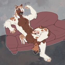 animal_genitalia animal_penis anthro clydesdale draft_horse equid equine equine_genitalia equine_penis erection fur furniture genitals hi_res hooves horse kinksiyo male mammal mane mottled mottled_body mottled_fur murphythehonse nude_anthro nude_male on_sofa penis piebald piebald_body piebald_fur sitting sitting_on_sofa smile sofa solo tail wave
