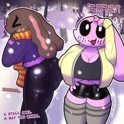 1:1 2024 anthro artist_name ass big_breasts big_butt biped black_sclera bottomwear breasts brown_body buried cinnamon_(oxyoxyoxyox) cleavage closed_eyes clothed clothing coat dialogue digital_drawing_(artwork) digital_media_(artwork) disembodied_penis duo_focus emanata english_text eyelashes facial_markings female floppy_ears front_view fully_clothed genitals group head_markings heart_symbol hi_res lagomorph legwear leporid long_ears lop_ears male mammal markings marshmallow_(oxyoxyoxyox) monotone_body motion_lines open_mouth open_smile outline outside oxyoxyoxyox penis pink_body plant rabbit scarf smile snow standing text thick_thighs thigh_highs topwear tree trio under_boob white_eyes winter