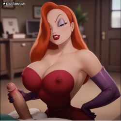 ai_generated gloves hand_on_hip handjob huge_breasts jessica_rabbit looking_at_viewer lustfulbrush office perfect_body red_hair slim_waist thick_penis thick_thigh who_framed_roger_rabbit