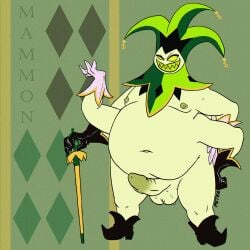 2025 4_arms absurd_res balls belly cane clothing demon digital_drawing_(artwork) digital_media_(artwork) empty_eyes fool's_hat footwear genitals gloves green_eyes green_nipples handwear hat headgear headwear helluva_boss hi_res humanoid male male_only mammon_(helluva_boss) moobs mostly_nude multi_arm multi_limb navel nipples overweight overweight_male penis peterdamart shoes solo teeth