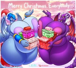 anthro bds_charmeleon big_breasts breast_squish breasts breasts_frottage christmas dragon duo female gift hi_res holidays huge_breasts hyper hyper_breasts kaithunderstone75 metroid mythological_creature mythological_scalie mythology nintendo nipples non-mammal_nipples nude overweight ridley scalie space_dragon_(metroid) squish tail thick_thighs