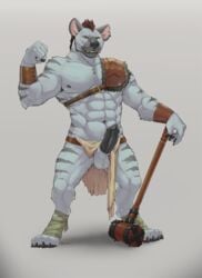 1boy 2016 4_toes abs anthro armor armpit_hair balls biceps black_hair black_nipples black_nose black_penis bracelet claws clothed clothing digitigrade ear_piercing erection fist front_view full-length_portrait full_length fur garrok grey_background grey_fur hair hammer hi_res humanoid_penis hyena jewelry kirron leg_wraps loincloth loincloth_aside looking_at_viewer male male_only mammal melee_weapon mohawk multicolored_hair muscular muscular_male navel nipples pauldron pecs penis piercing portrait pose red_hair signature simple_background smile solo standing striped_hyena stripes toe_claws toes tools two_tone_hair unconvincing_armor vein veiny_penis war_hammer weapon wraps yellow_eyes