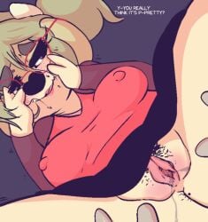 blush breasts covered_nipples female glasses large_breasts pussy solo