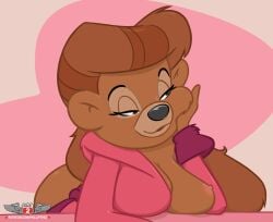 anthro bear bedroom_eyes breasts brown_eyes brown_hair disney female hand_on_cheek mammal narrowed_eyes nipples one_breast_out phillipthe2 pose rebecca_cunningham saransaran seductive smile solo talespin