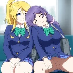 2girls artist_request ayase_eli black_hair blonde_hair blue_eyes blush breasts closed_eyes exposed_pussy fully_clothed large_breasts love_live! love_live!_school_idol_project multiple_girls no_panties pussy saliva school_uniform skirt sleeping spread_legs toujou_nozomi upskirt