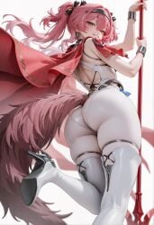 ai_generated ass ass_focus bare_shoulders blush bodysuit boots cameltoe cape female from_behind from_below grin hair_ribbon hairband huge_ass long_hair lupa_(wuthering_waves) orange_eyes parted_lips polearm shiny shiny_clothes shiny_hair skin_tight smile solo spear tail twintails wuthering_waves