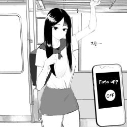 1:1 1girls female female_only female_to_futa hi_res imminent_transformation megahertz monochrome phone public public_transportation school_uniform skirt smartphone solo standing student train train_interior transformation