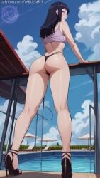 1girls ai_generated big_ass bikini bikini_bottom bikini_top black_hair female from_behind high_heels hyuuga_hinata long_hair looking_back naruto raiven solo_female standing thick_thighs thong