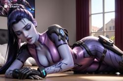 1girls ai_generated artist_name bed black_gloves blizzard_entertainment bodysuit breasts center_opening cleavage closed_eyes colored_skin earrings gloves gun hair_pulled_back head-mounted_display hi_res holster indoors jewelry lips long_hair lying makeup medium_breasts on_bed on_side overwatch overwatch_2 parted_lips pink_bodysuit ponytail purple_hair purple_lips purple_skin r34arts skin_tight solo stud_earrings tattoo thigh_gap thigh_holster widowmaker widowmaker_(overwatch) window