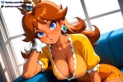 1girls ai ai_assisted ai_generated anime artist_name blue_eyes blush breasts brown_hair cleavage collarbone couch covered_nipples crop_top crown dibzprintz earrings eyelashes fansly flipped_hair flower_earrings gloves hi_res high_quality high_resolution highres indoors jewelry large_breasts lips long_hair looking_at_viewer mario_(series) nipples no_bra orange_shorts parted_bangs parted_lips patreon_logo patreon_username princess_daisy puffy_short_sleeves puffy_sleeves see-through shirt short_sleeves shorts sitting solo twitter_logo twitter_username watermark white_gloves window