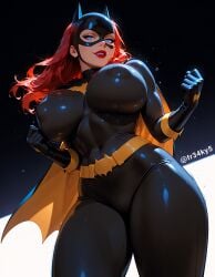 ai_generated barbara_gordon batgirl blue_eyes bodysuit covered_nipples fr34ky huge_breasts red_hair superheroine