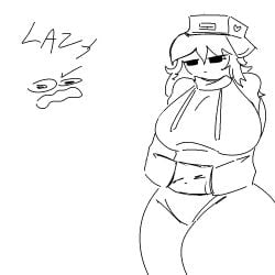 big_breasts black_eyes english_text fat_ass fnf fnf_oc friday_night_funkin gerfloverse_(wattpad) huge_breasts jacket line_art long_hair messy_hair monochrome nahiara_aguirre nahira nahira_(friday_night_funkin_oc) sketch text thick_legs thick_thighs