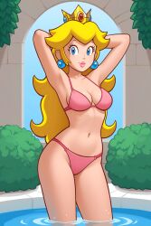 2025 ai_generated alfrehr203 belly black_eyebrows blonde_hair_female blue_earrings blue_eyes_female deviantart eyebrows_visible_through_hair golden_crown hands_on_hair hands_on_head long_hair looking_at_viewer meta nintendo pink_bikini pink_lipstick princess_peach smile_at_viewer smiling_at_viewer super_mario_bros. tummy unknown_place