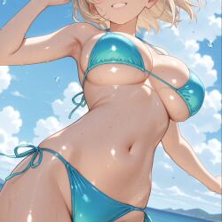 2025 ai_generated beach_background belly blonde_hair_female blue_bikini female instagram meta teeth_showing ten01c tummy unknown_character water_background wet_bikini wet_body wet_skin