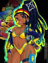 1girls aqua_hair aqua_nails bandaid bandaid_on_face bikini black_hair brown_eyes dark-skinned_female dark_skin derivative_work dreadlocks earbuds female hand_on_hip headband jacket kae-est_art kimberly_jackson nail_polish navel neck_tattoo official_alternate_costume open_jacket painted_nails pink_lipstick ponytail shortstack shortstackification skindentation small_breasts solo street_fighter street_fighter_6 thick_thighs thigh_strap walkman wide_hips yellow_bikini