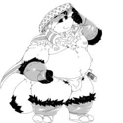 2025 anthro asian_clothing belly big_belly bulge canid canine cape clothing east_asian_clothing fundoshi hat headgear headwear hi_res humanoid_hands japanese_clothing kemono male mammal monochrome moobs nipples overweight overweight_male pubes raccoon_dog simple_background smile solo suishou0602 tanuki underwear white_background