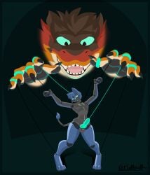 2025 anthro black_body black_pawpads blue_body blue_hair brown_body brown_hair canid canine canis digitigrade dinosaur duo ellis_(gridbull) erection genitals gridbull hair hi_res joints knot living_puppet male male_only mammal mind_control multicolored_body nude_anthro nude_male open_mouth orange_body pawpads penis prehistoric_species red_body reptile scalie sharp_teeth string tail teal_eyes teal_penis teal_sclera teeth two_tone_body wolf