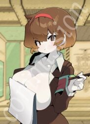 armband breasts breasts_out clavicle clipboard covering_breasts lobotomy_corporation malkuth_(lobotomy_corporation) pale_skin project_moon white_skin