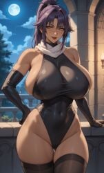 ai_generated bleach bodysuit dark-skinned_female leotard mature_female ponytail purple_hair scarf shihouin_yoruichi shihouin_yoruichi yellow_eyes