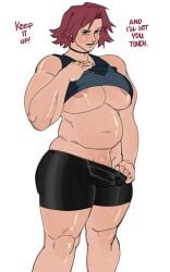 1futa 2d 2d_(artwork) amanda_(crimsonfelines) areolae belly big_breasts breasts choker chubby_futa crimsonfelines futa_only futanari green_eyes gym_clothing gym_shorts intersex lifted_shirt navel nipple_slip penis pulling_down_pants red_hair reddkats seductive seductive_look seductive_smile short_hair sweat sweating sweaty teasing thick thick_thighs thighs workout_clothes