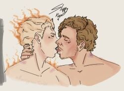 bite_marks blonde_hair blonde_male blush brown_hair bruises facial_hair fire gay gay_kissing gay_male human_torch human_torch_(marvel_rivals) johnny_storm making_out marvel_rivals messy_hair mimilychee(artist) peter_quill spit star_lord